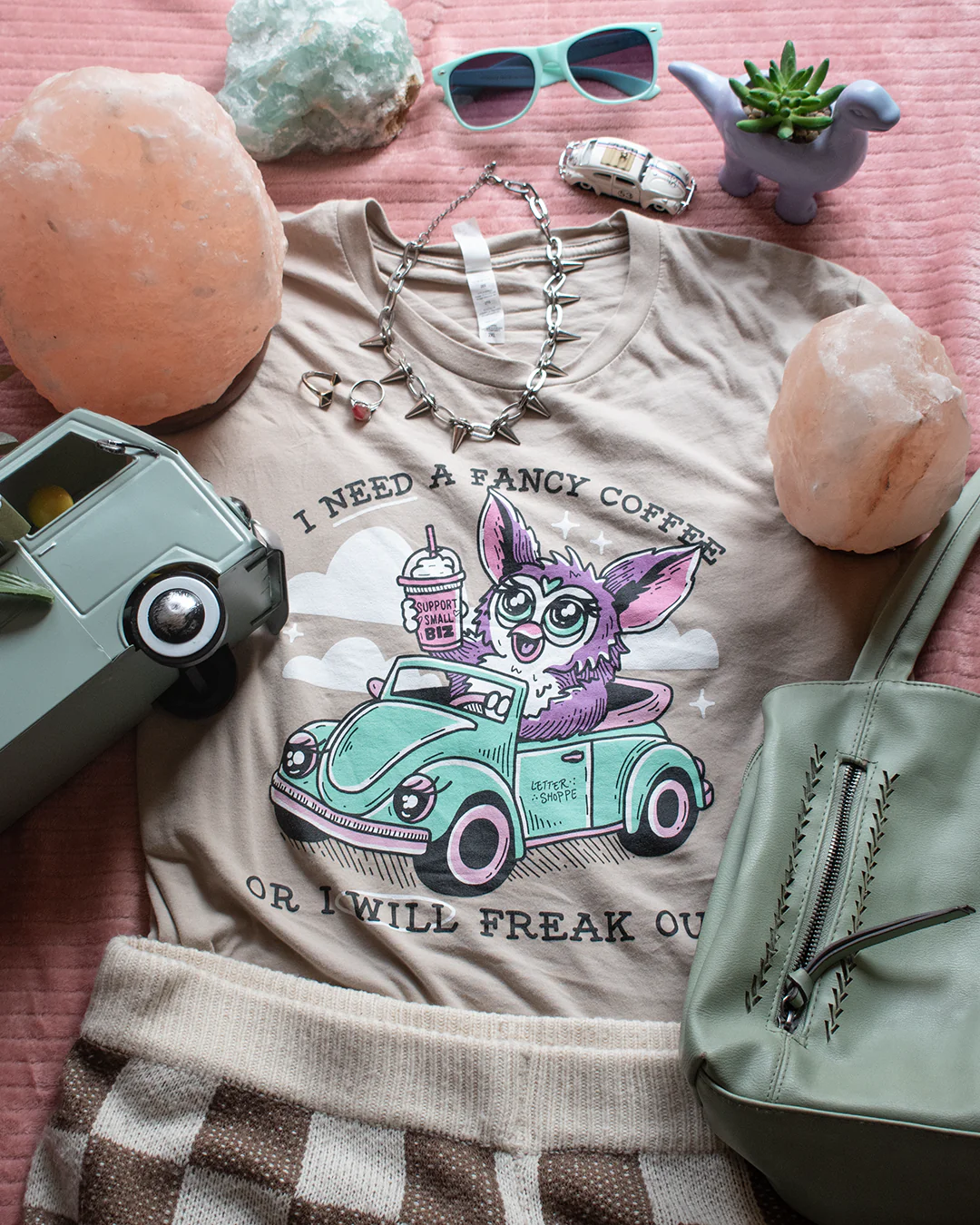 Furby Wants A Fancy Coffee: Tan Unisex Graphic Tee - Image 3