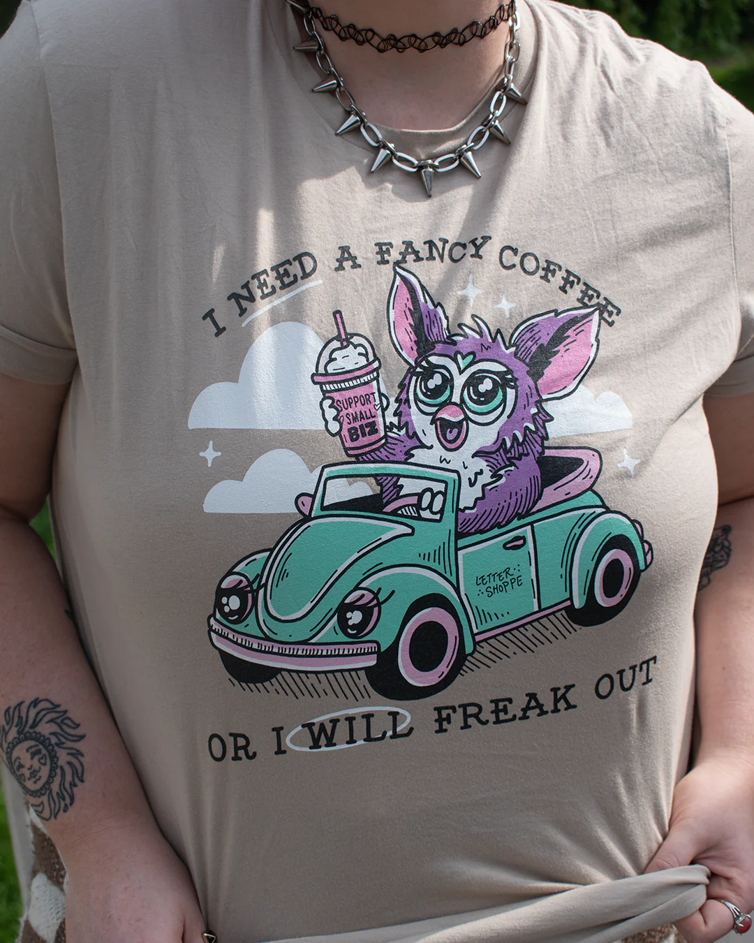 Furby Wants A Fancy Coffee: Tan Unisex Graphic Tee - Image 5